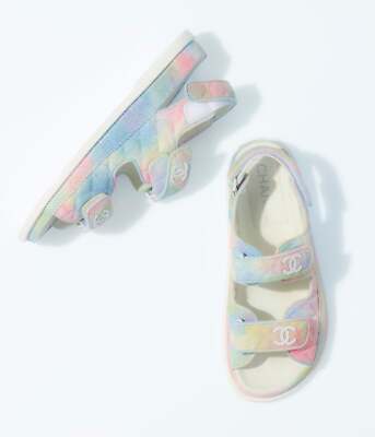 Pre-owned Chanel 22c Green Pink Blue White Cc Logo Mule Slide Strap Flat Dad Sandal 38 In Multicolor
