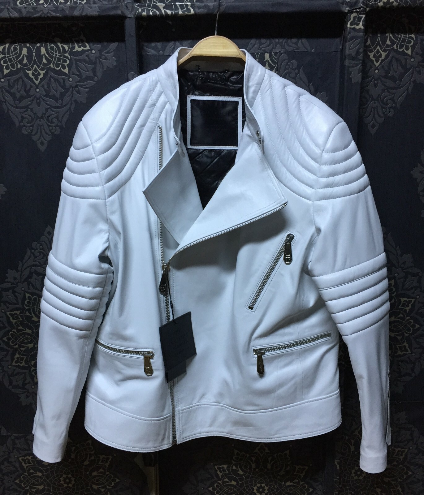 Pre-owned Philipp Plein Red White Lambskin Men's Genuine Leather Motorcycle Biker Jacket