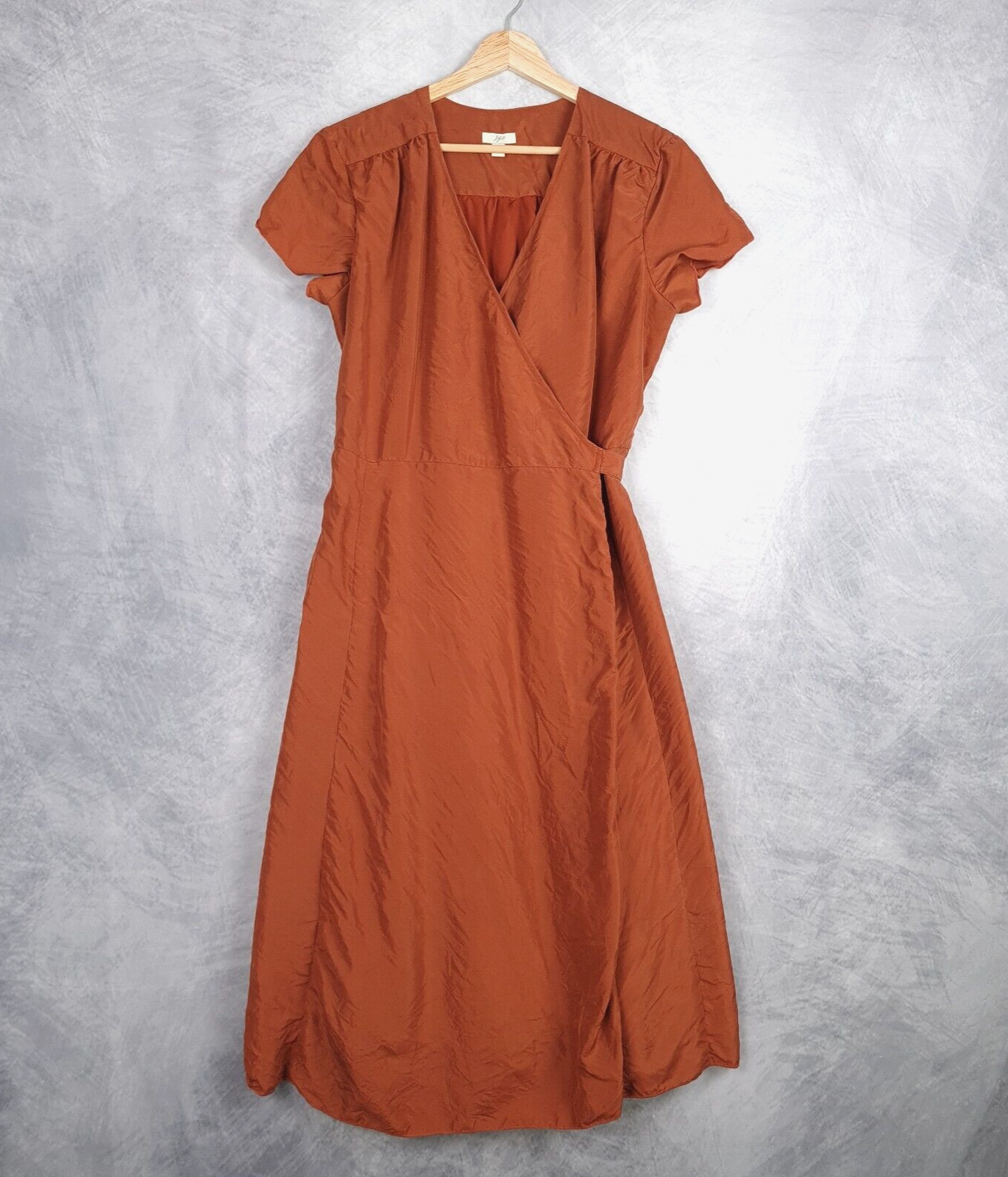 J Jill Wrap Dress Womens 6 Rust Brown Crinkle Silk V Neck