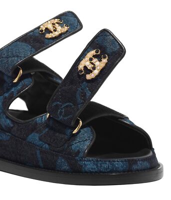 Pre-owned Chanel 21a Blue Black Grey Denim Cc Logo Mule Slide Strap Flat Dad Sandal 36