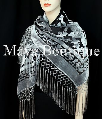 Pre-owned Maya Matazaro Poncho Shawl Top With Fringe Silver Gray Black Burnout Velvet  Usa