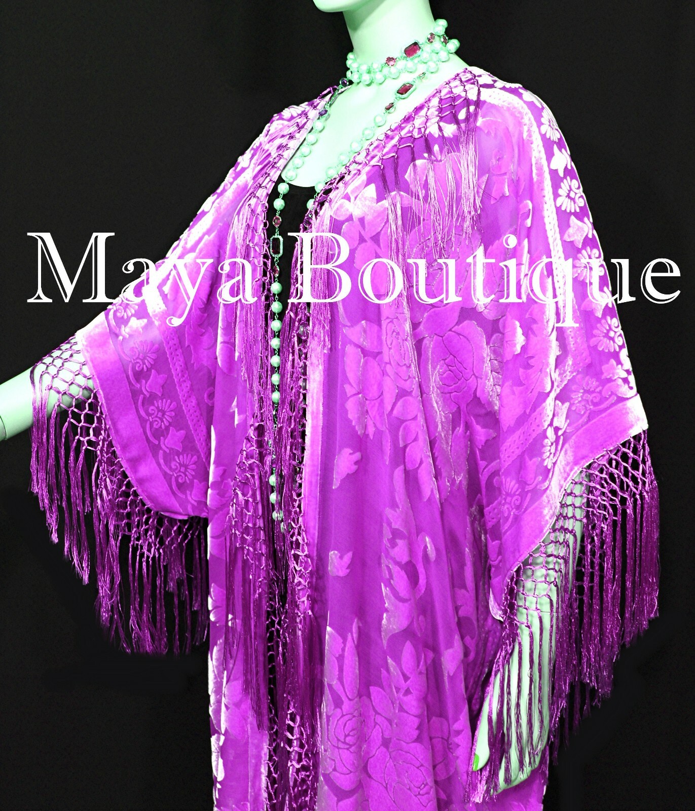 Pre-owned Maya Matazaro Fringe Jacket Kimono Duster Silk Burnout Velvet Candy Pink  Plus