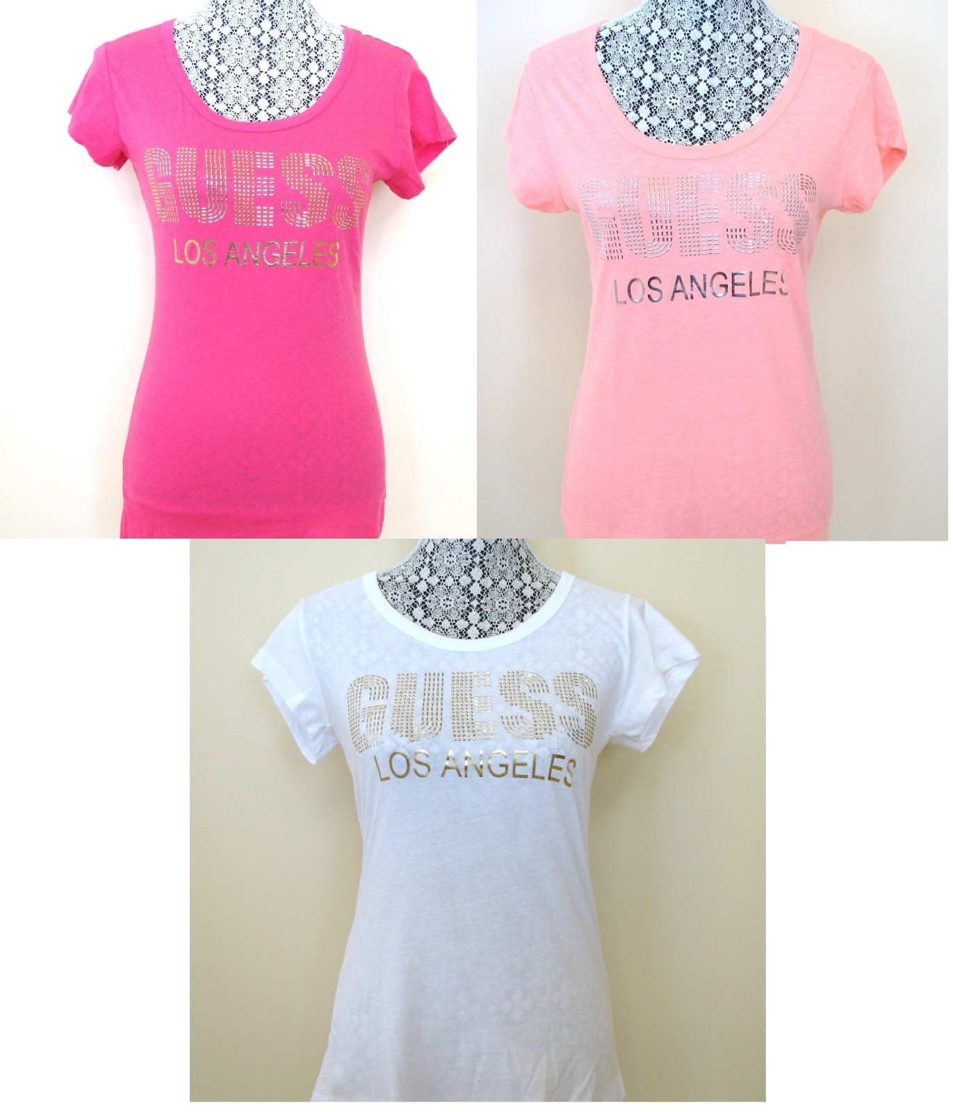 GUESS LOS ANGELES LOGO STUDS SCOOP NECK PINK,WHITE TOP,SHORT
