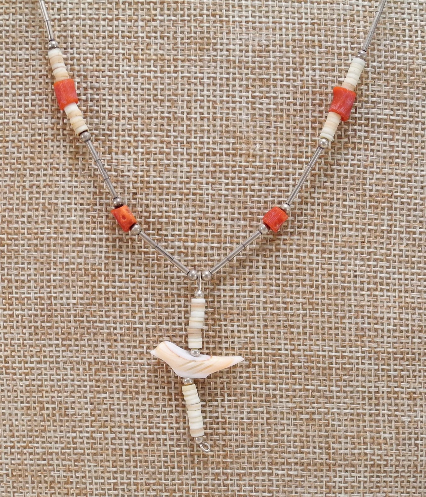 Vintage Sterling Silver Bird Fetish Necklace Coral American Native? Western Bone
