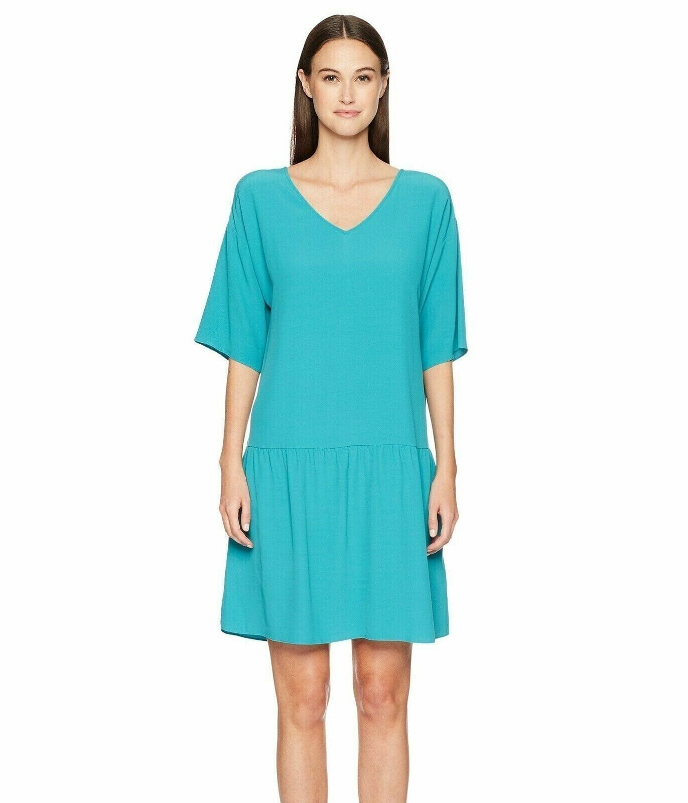 EILEEN FISHER Бирюзово-синее платье-кимоно из тенселя с заниженной талией, вискозное платье прямого кроя, S 6/8