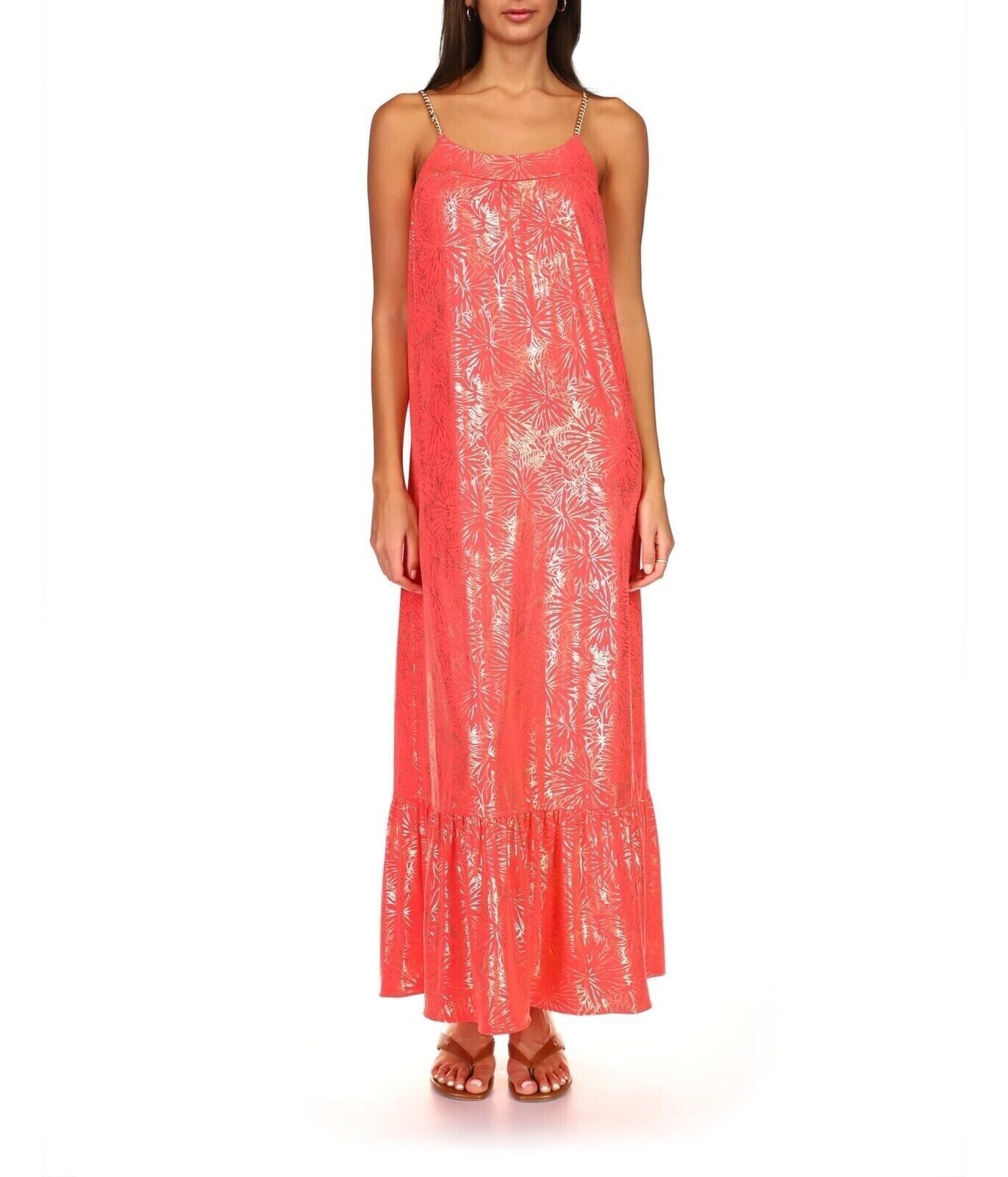 MICHAEL KORS Pink Orange Foil Print Gold Chain Straps Ruffle