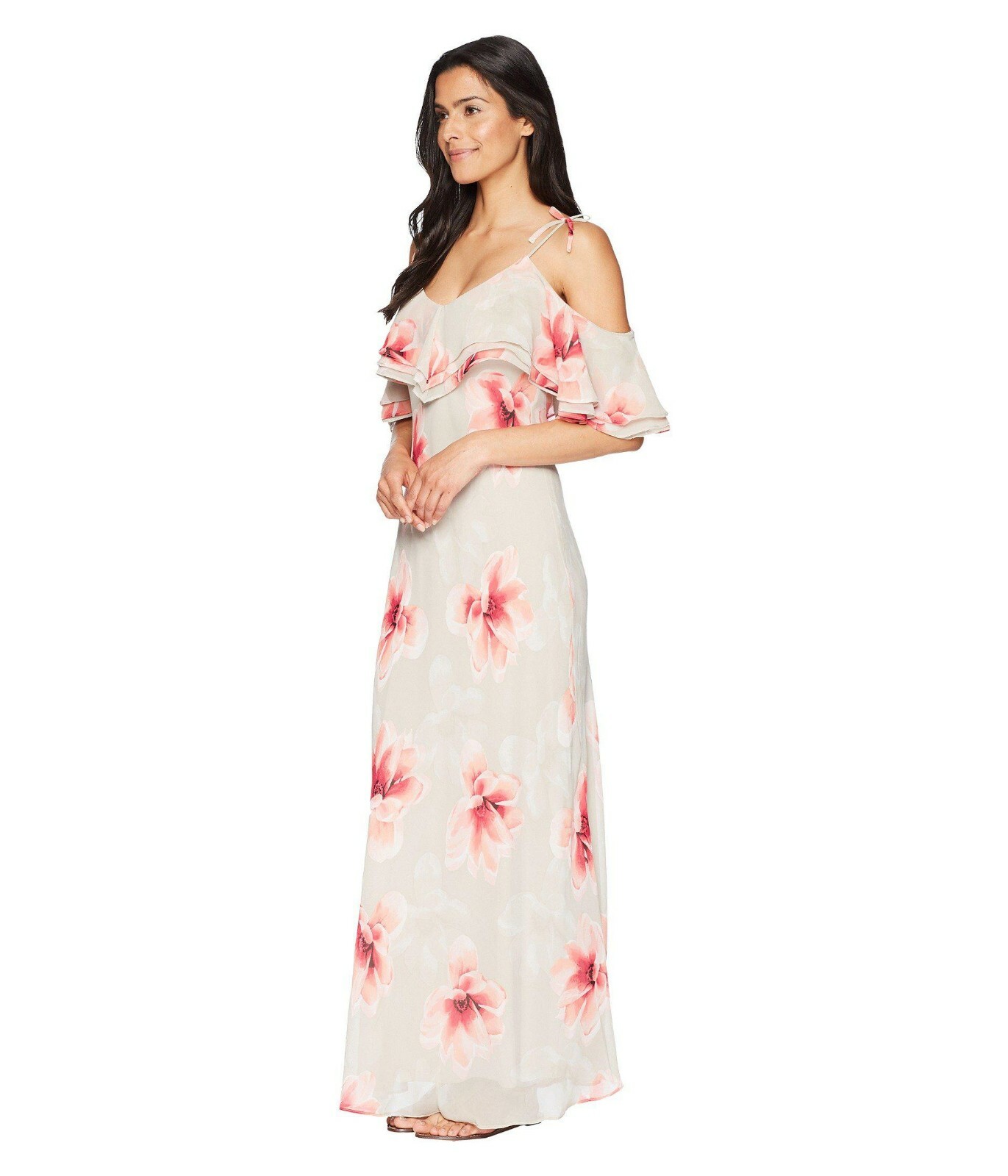 Calvin Klein NWT Изысканное макси-платье из шифона цвета ХАКИ с несколькими цветочными вставками 6,14