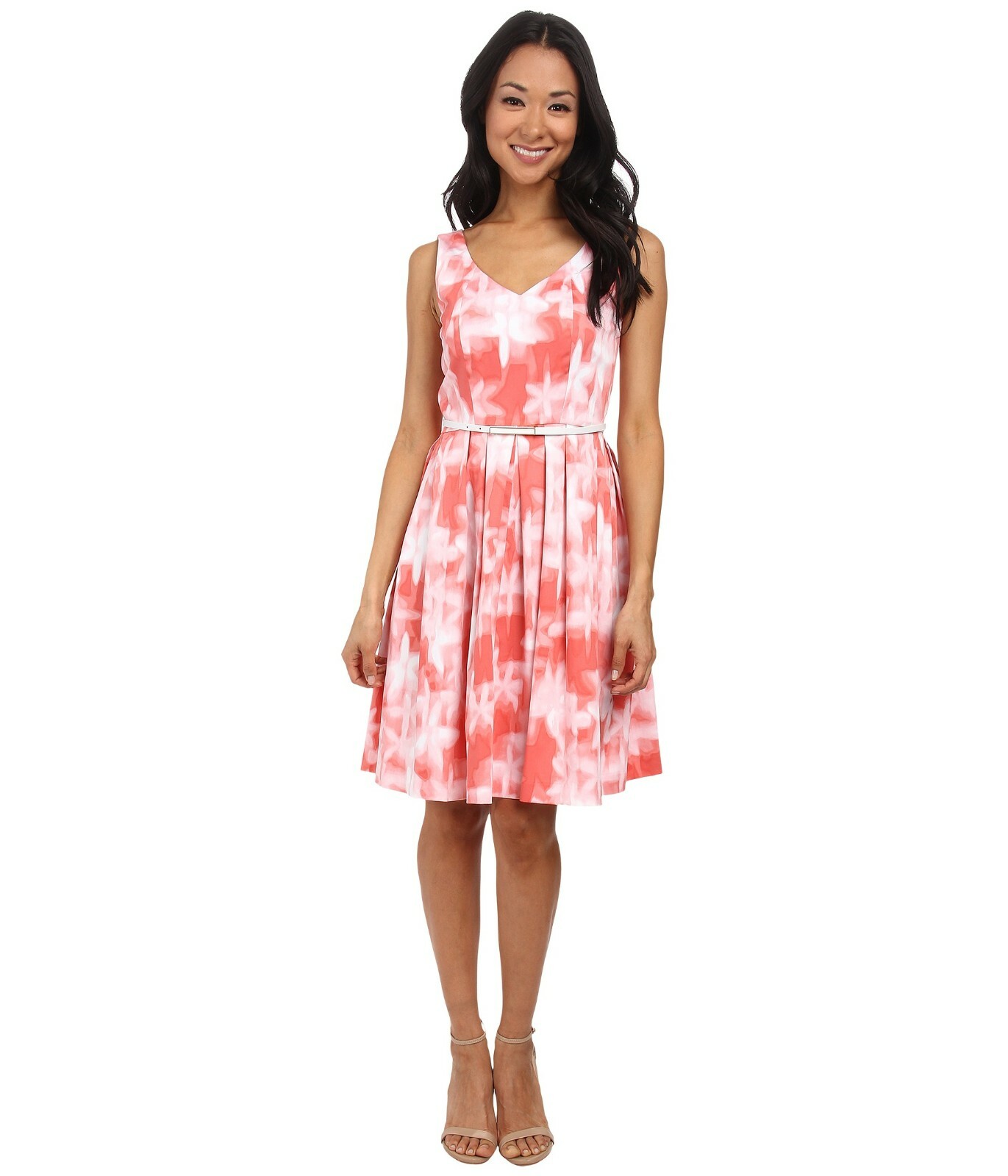 Современное ПЕРСИКОВОЕ платье Calvin Klein NWT MULTI Fit&Flare с поясом и принтом, размер 14