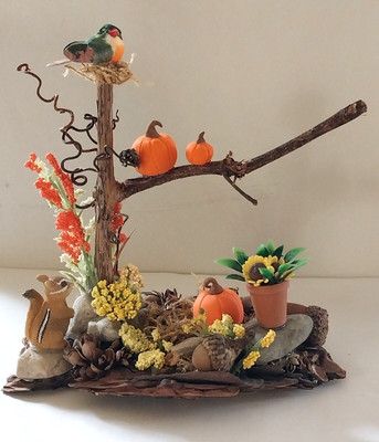 Fairy Garden PUMPKINS SCAPE on Bark/Flowers/CHIPMUNK/BIRD Halloween Miniature