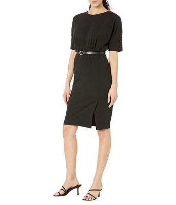Womans Calvin Klein Scuba Crepe Dress with Belt and Sleeve Button Detail
