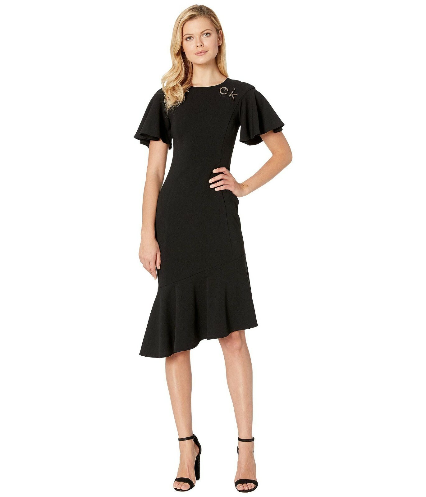 

Calvin Klein NWT Коктейльное черное платье-футляр миди с асимметричным подолом и рюшами, размер 4, Черный