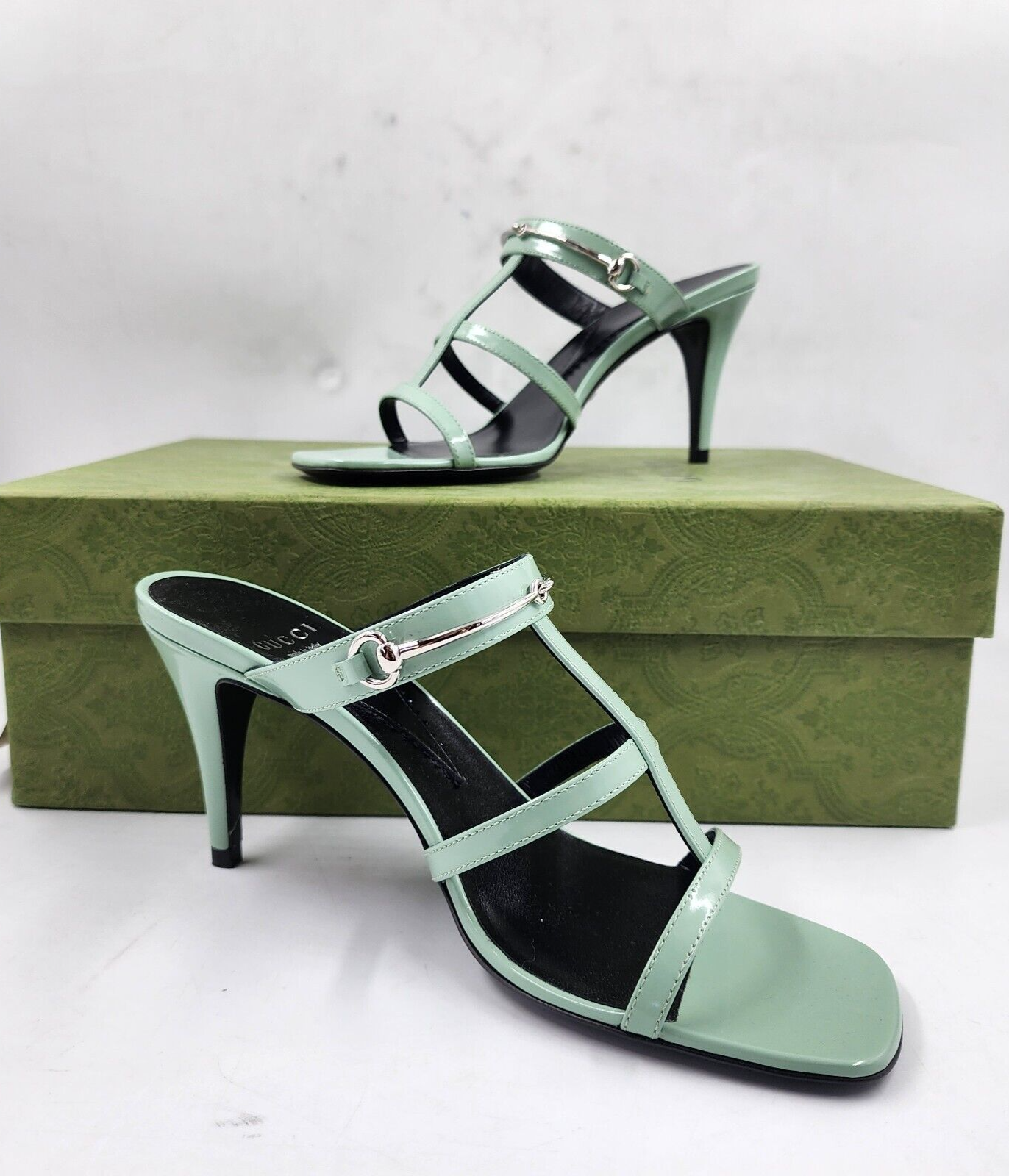 Gucci Slim Horsebit High Heel Slide Sandals Women's 36/6US Pacific Green Slip On - Picture 3 of 20