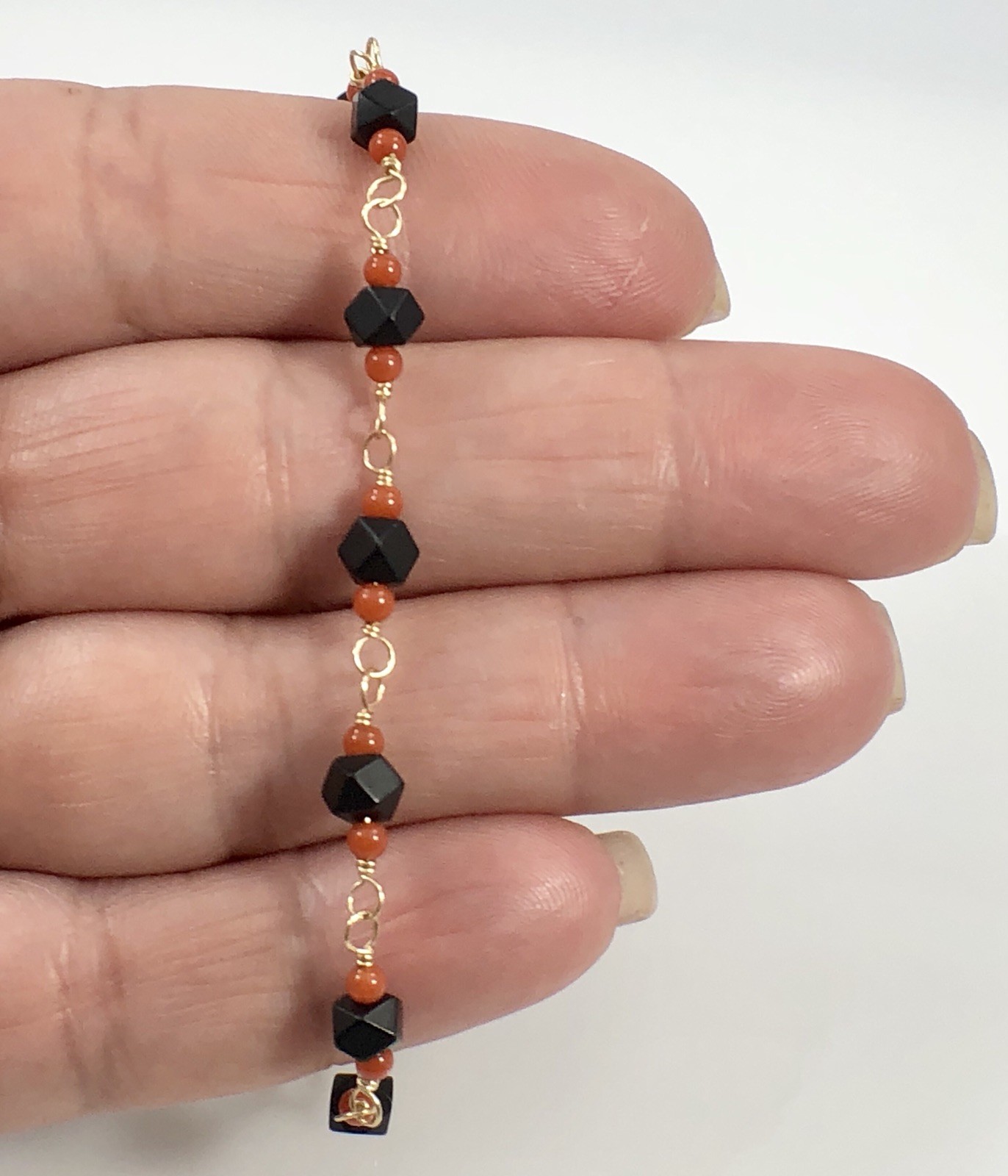 Genuine Azabache & Coral Solid 14K Gold Bracelet, 7.25