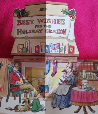 Vintage Christmas Card UNUSED MCM Pop-Up Family Celebrates Xmas w/ Grandma Gifts