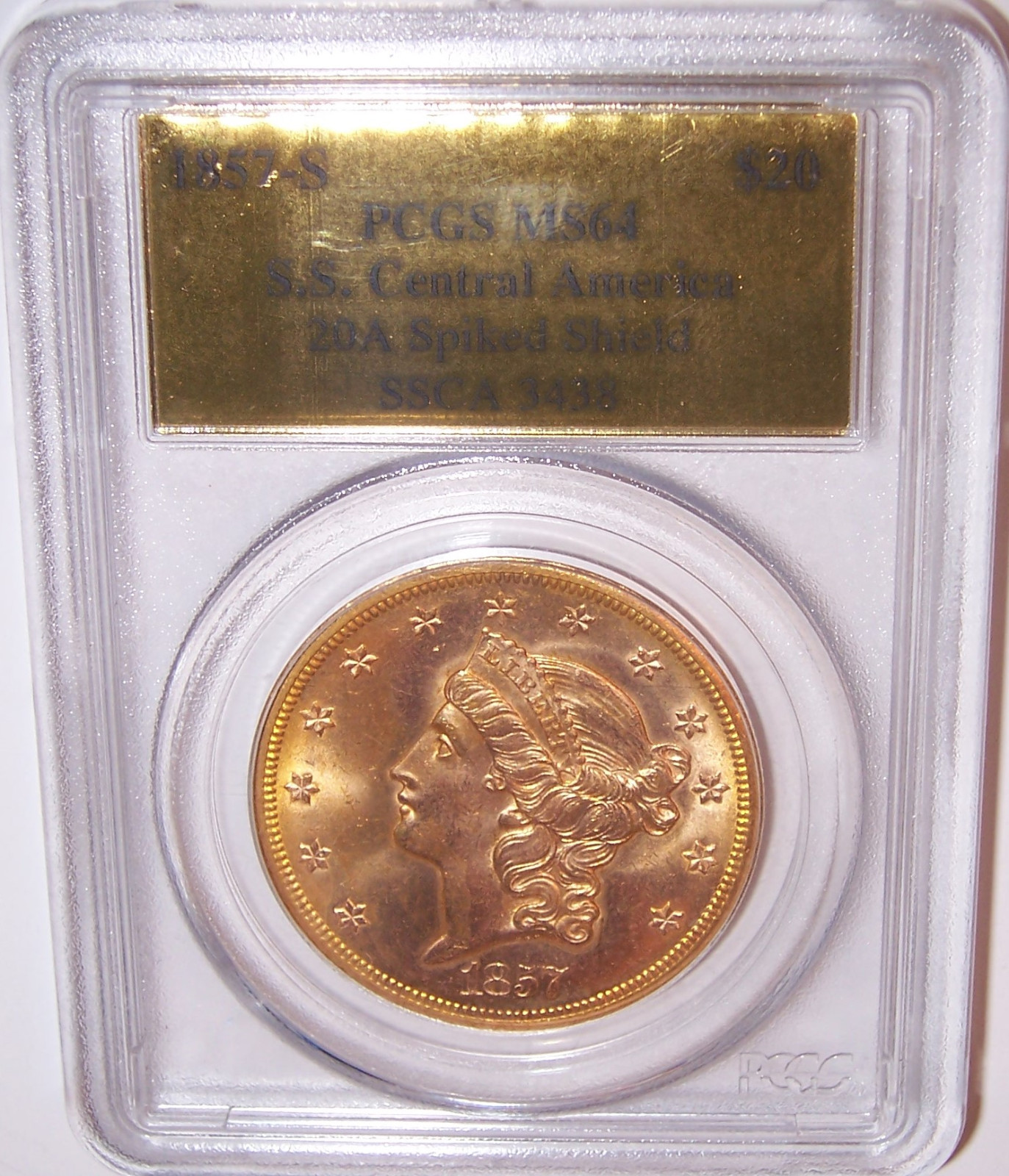 1857-S $20 Gold Liberty PCGS MS64, S.S. Cental America, 20A Spiked Shield!!!