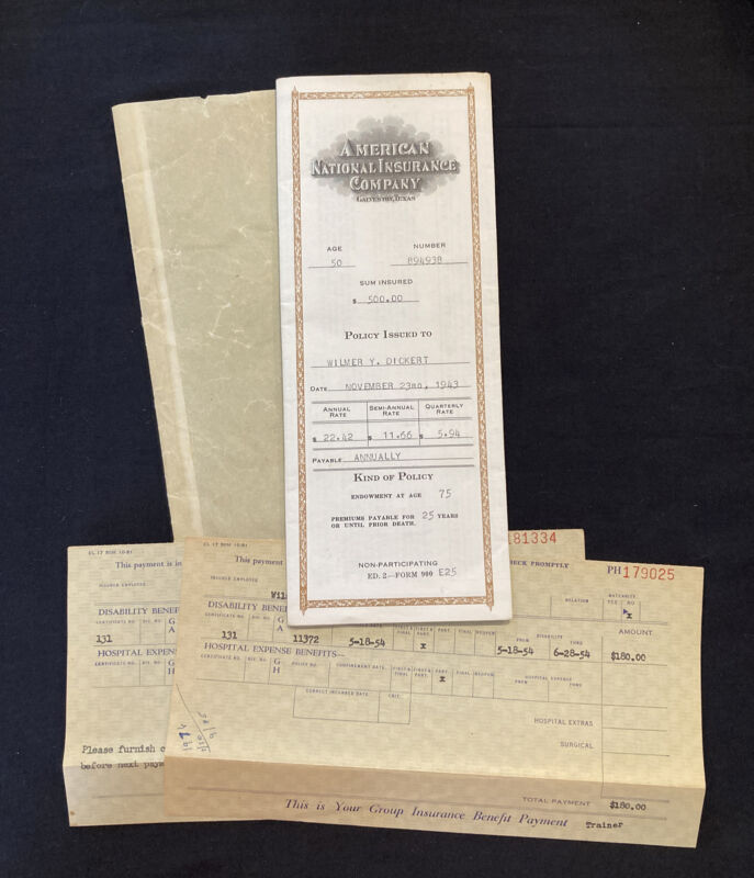 VINTAGE 1943 CERTIFICATE  "American National Insurance Co” Galveston, TX $500