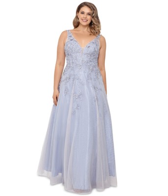 Pre-owned Xscape Womens Embroidered Gown Dress, Grey, 18w In Silver
