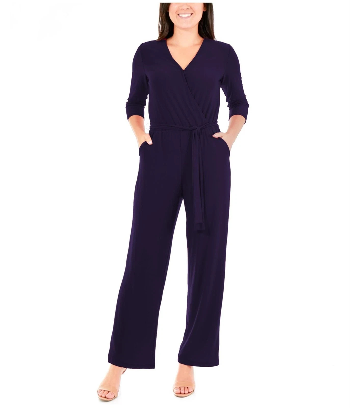 NY Collection Petite 3/4 Sleeve Belted Jumpsuit Women's PL Navy Blue Solid - Picture 1 of 18
