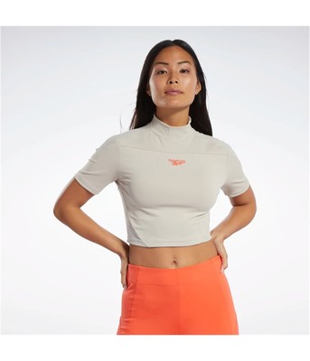Reebok Womens Crop Top Graphic T-Shirt, Beige, Medium