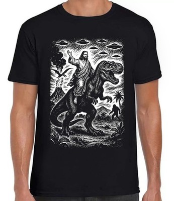 Jesus Riding Dinosaur UFO Bigfoot Volcano Weird Funny Black Gift Tee T Shirt 440