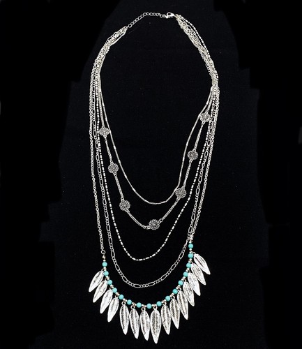 LAYERED FEATHER NECKLACE 15” Silver Tone Faux Turquoise 5