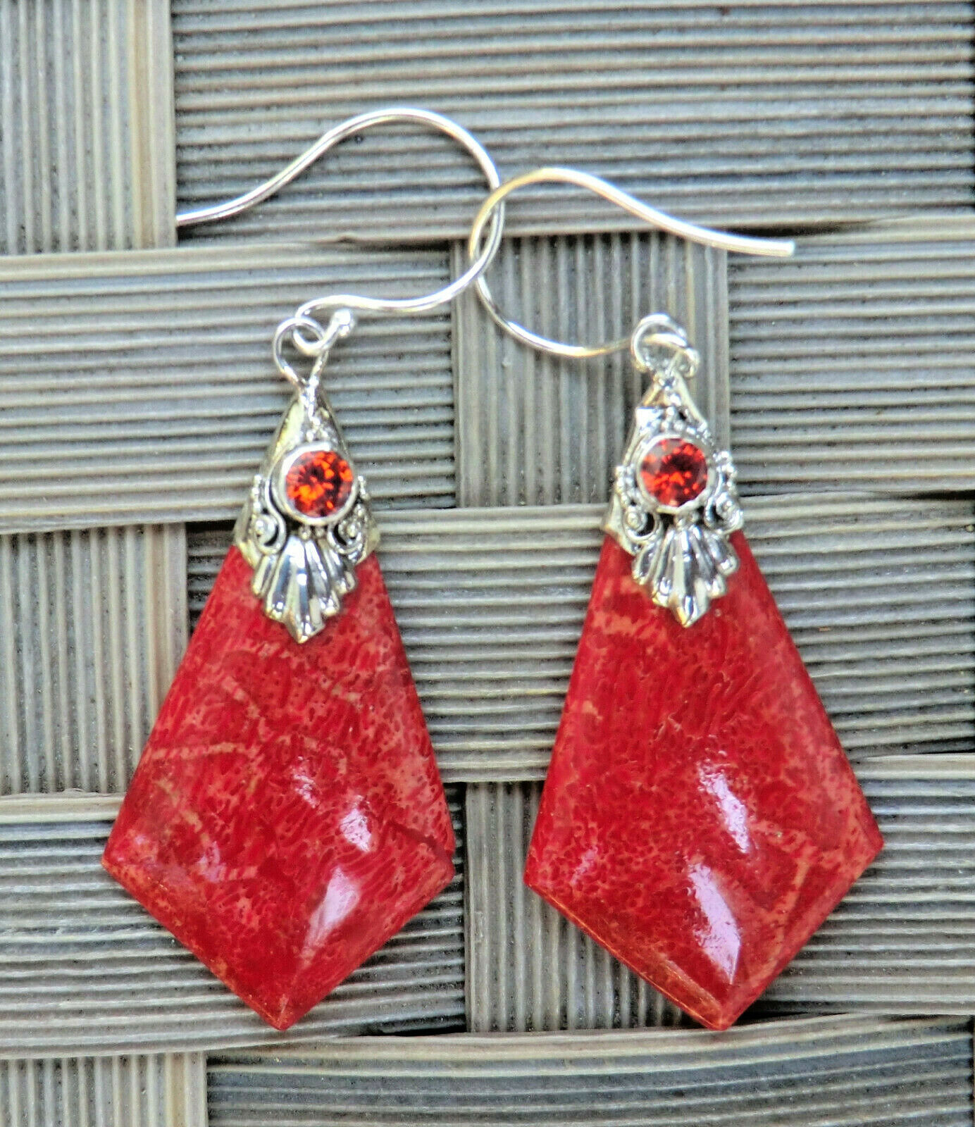 Korallen Lanze Ohrringe Rot mit Kristall Ohrhänger 925 Sterling Silber Neu 