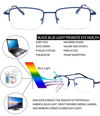 Blue Light Blocking Half Frame Computer Reading Glasses UV Eye Strain readers 