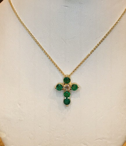 Pre-owned H3jewels 14k Solid Yellow Gold Natural Emerald & Diamond Pendant May Birthstone Cross In Green