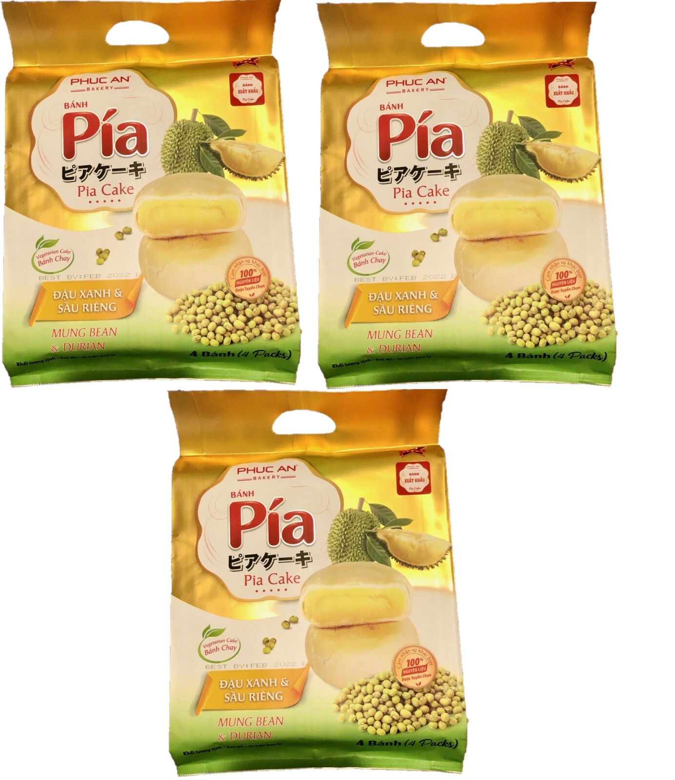 3 (pack) Banh Pia - Pia Cake Mung Bean &amp; Durian, 4 (100g) ea/pk 