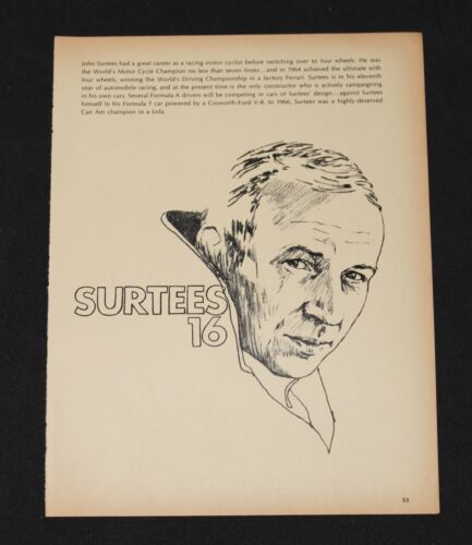 Rare John Surtees Formula 1 Portrait - Original 1971 Racing Print