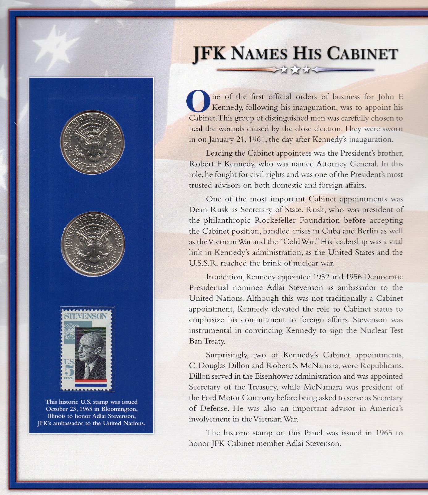 2-1996 KENNEDY HALF DOLLARS, P&D, KENNEDY COIN AND STAMP CARD,