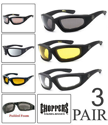 3 PAIRS Choppers Padded Foam Wind Resistant Sunglasses Motorcycle Riding Glasses