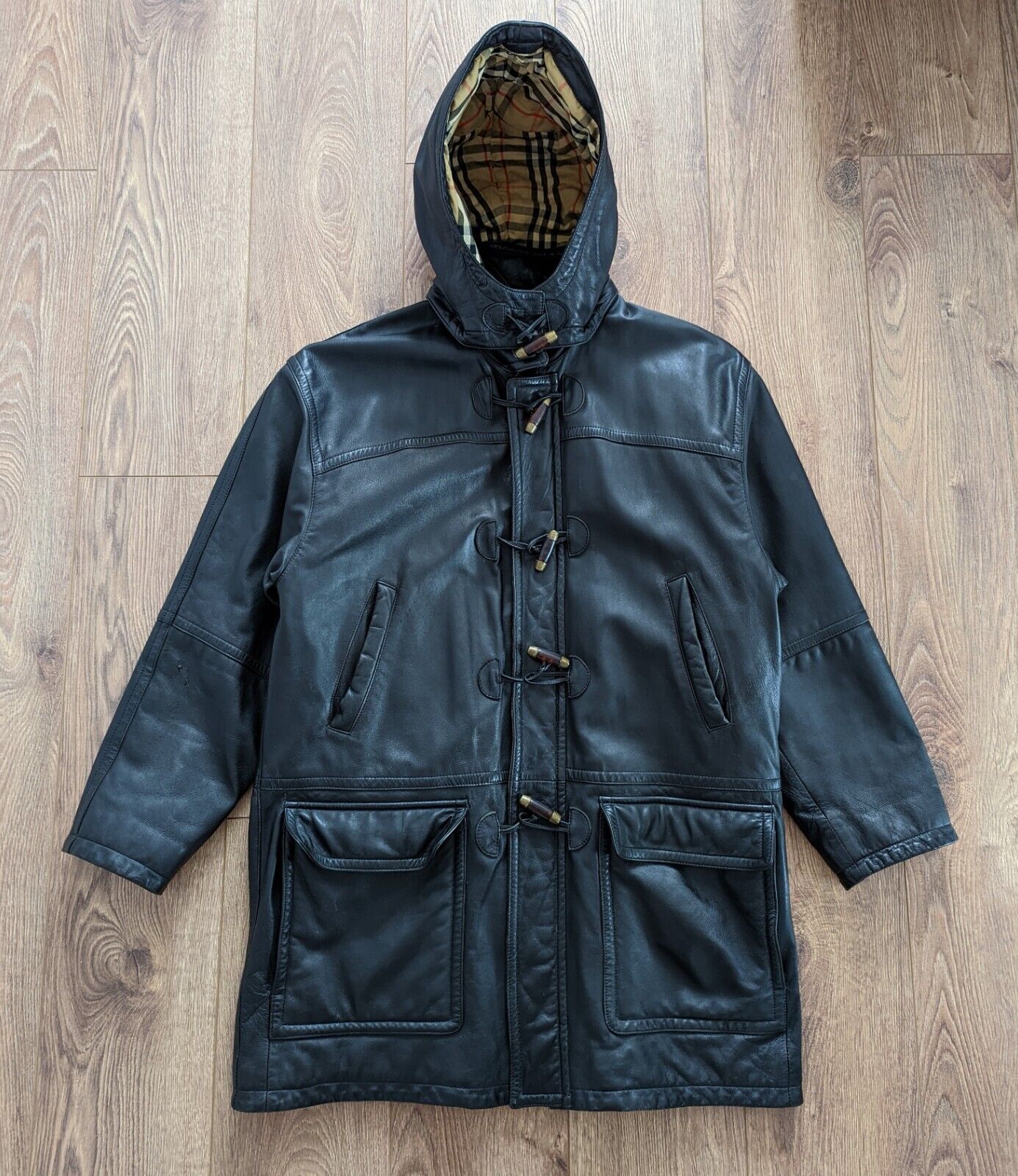 Vintage BURBERRY Duffle Coat Leather Jacket Nova Check Lined Vintage BURBERRY Duffle Coat Leather Jacket Nova Check Lined