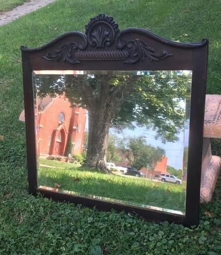 Large Antique Victorian Hand Carved Wood Mirror Beveled Edge 34 X 36