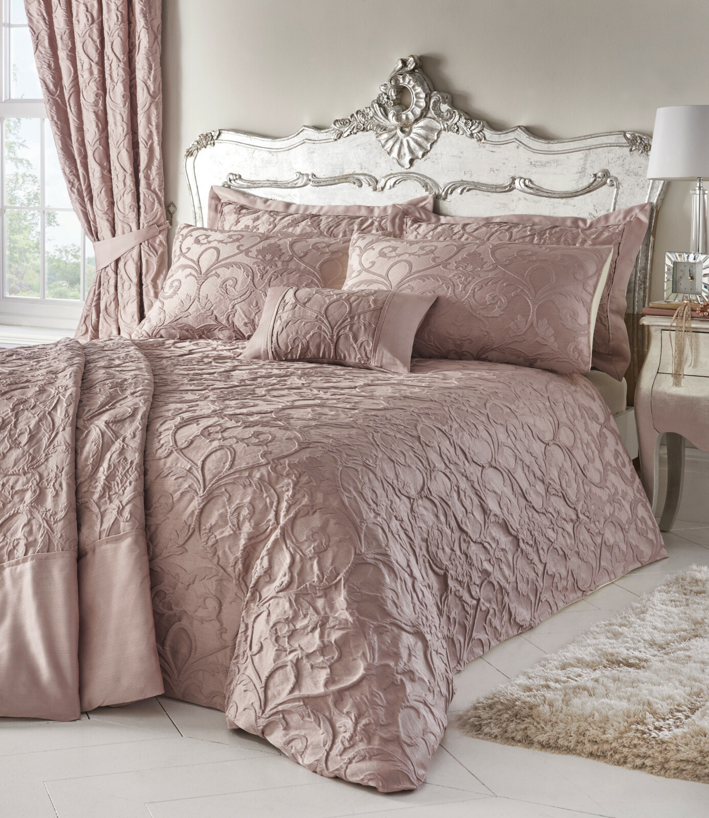 Bentley Blush Pink Bed Duvet Cover Damask Jacquard Quilt Linen Bedding
