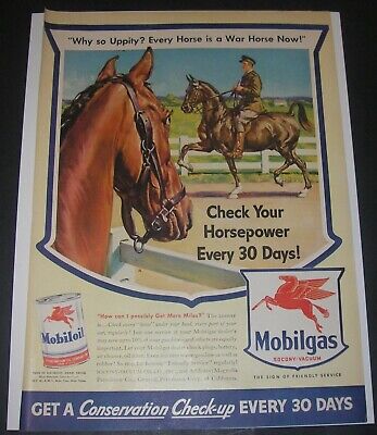 Print Ad 1943 MOBIL MOBILGAS Mobiloil WW ll ART Every Horse is War Horse Soldier