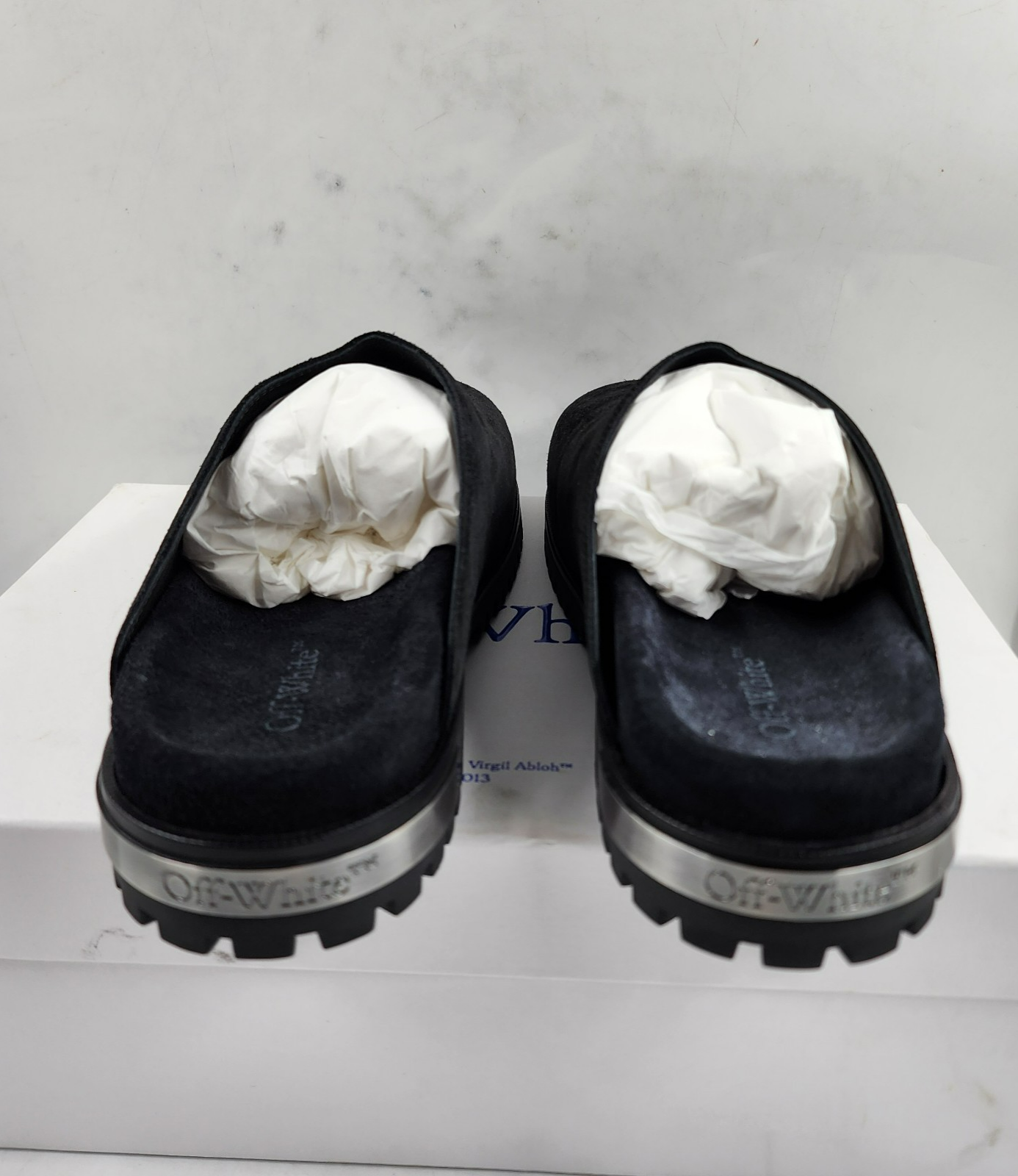 Off-White Metal Logo Slip On Mules Men's 41/8US Black/Silver Heel Embossed logo - Picture 4 of 22