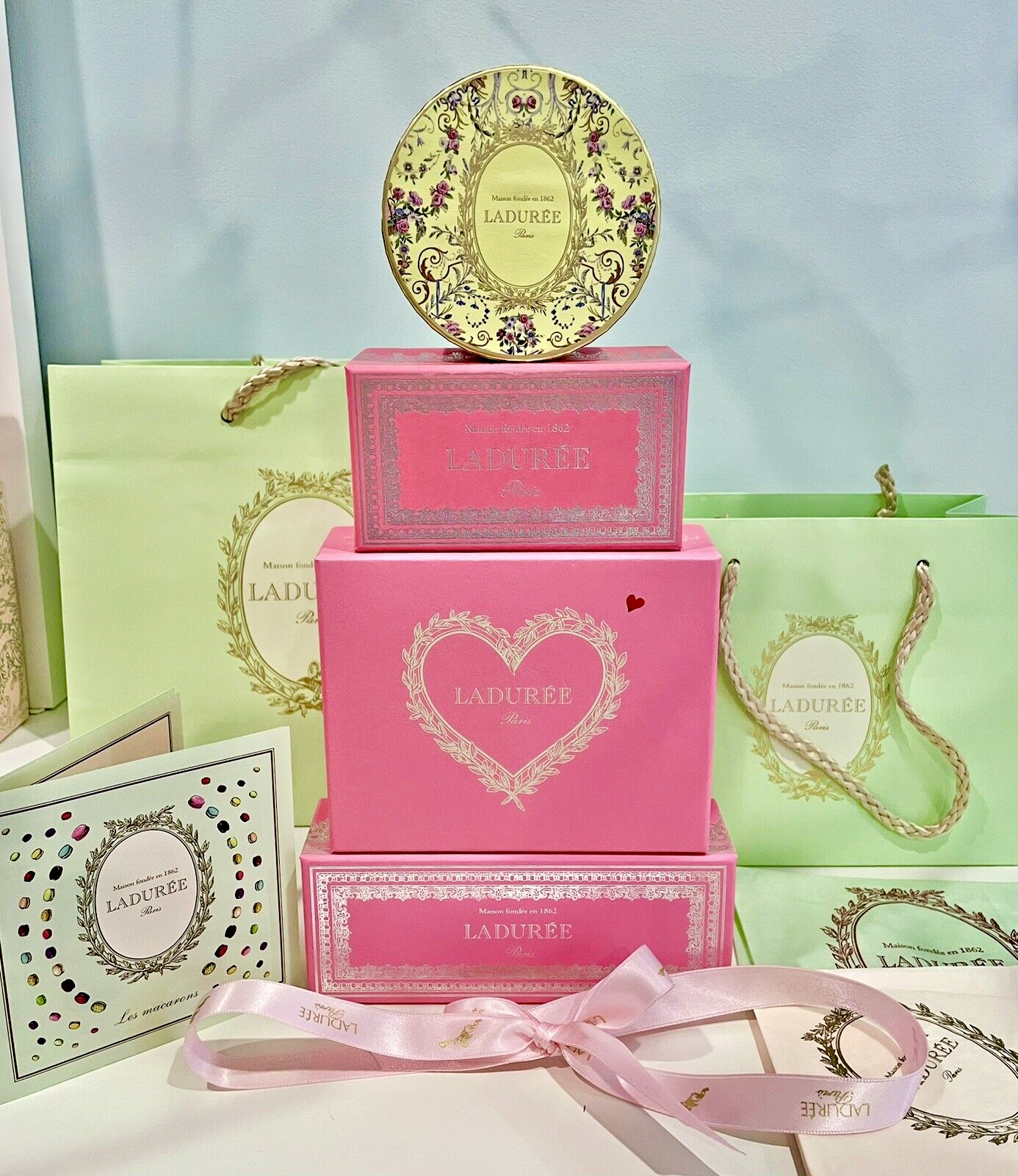 Laduree Macaron Curated Lot 4 Boxes + 2 Bags + Ribbon and