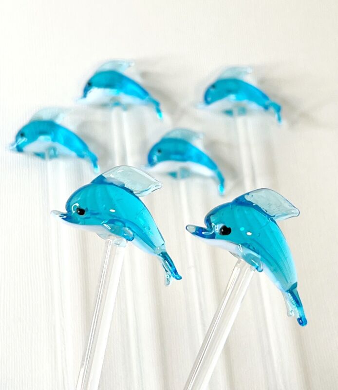 Dolphins Swizzle Stir Sticks - Set Of 6 Glass Blue Dolphins