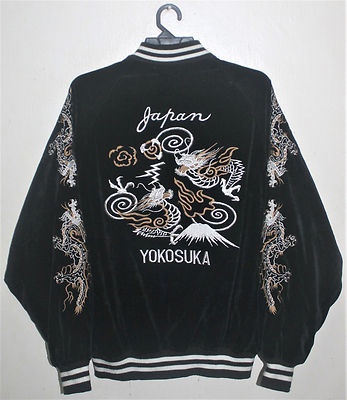 ジャケット・アウター Dragon & Mount Fuji Souvenir Jacket VINTAGE SUKAJAN DRAGON MAP FUJI MOUNTAIN EMBROIDERY JAPAN