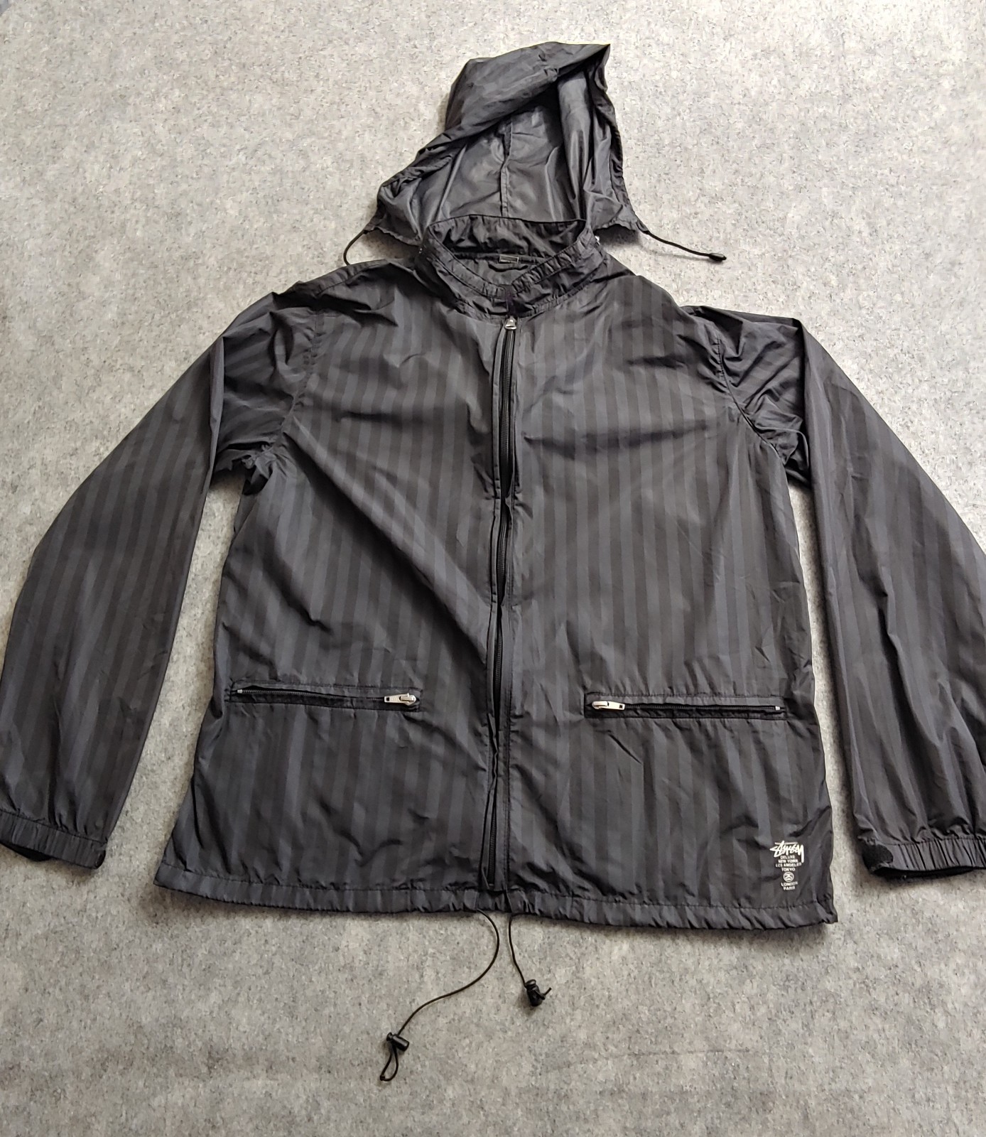 Stussy Deluxe Windbreaker Jacket Full Zip Black Striped Mens Large