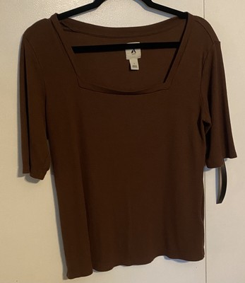 Amazon Aware Women's Modal Ribbed Elbow Sleeve Square Neck T-Shirt, L, Brown