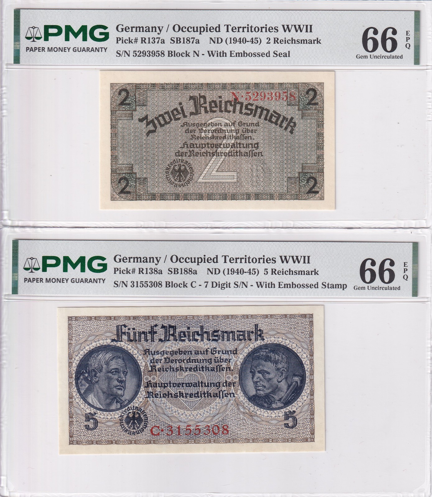 Germany Set 2; 2 5 Reichmark ND 1940-1945 P R137 P R138 Gem UNC PMG 66 EPQ