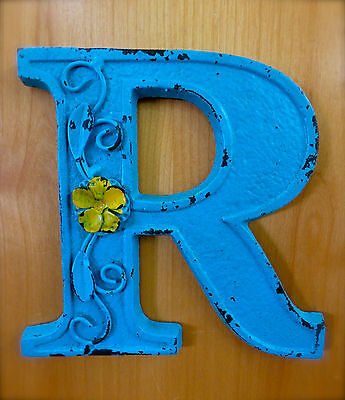 BLUE CAST IRON WALL LETTER "R" 6.5" TALL rustic vintage decor sign child nursery