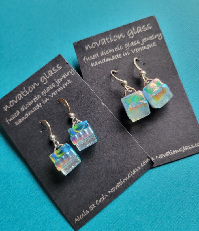 Fused Dichroic Glass Dangle Earrings with Sterling Silver French Hooks