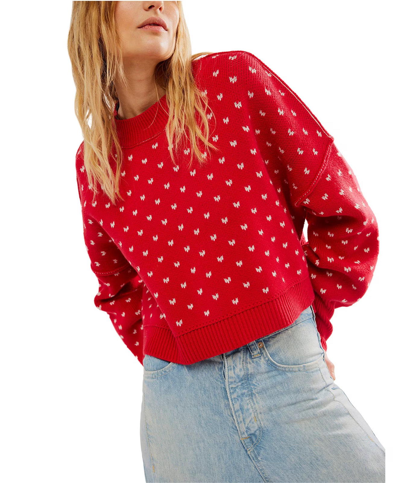 Free People Easy Street Patterned Crop Mock Sweater Women's XS Cherry Cream L/S - Picture 1 of 13