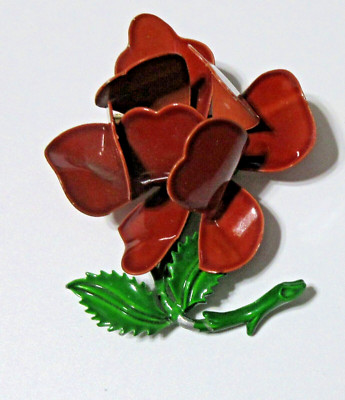 Vtg big metal 3D brown red shade FLOWER GREEN LEAF YELLOW Brooch gold tone pin