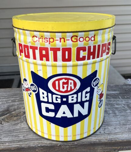 Vintage Large IGA BIG-BIG CAN Potato Chips Tin Canister w Vintage Large IGA BIG-BIG CAN Potato Chips Tin Canister w