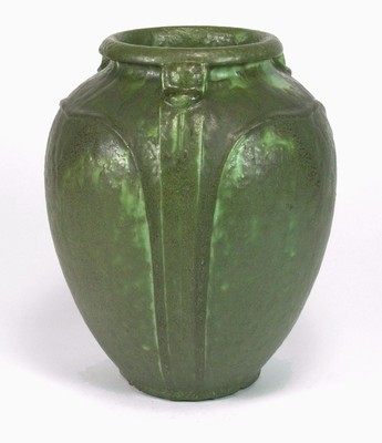 Grueby Pottery matte green large vase 3 curled leaf handles Arts & Crafts Boston