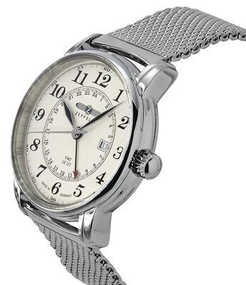 Pre-owned Zeppelin Lz127 Graf Gmt Stainless Steel Beige Dial Quartz 7642m5 Men's Watch